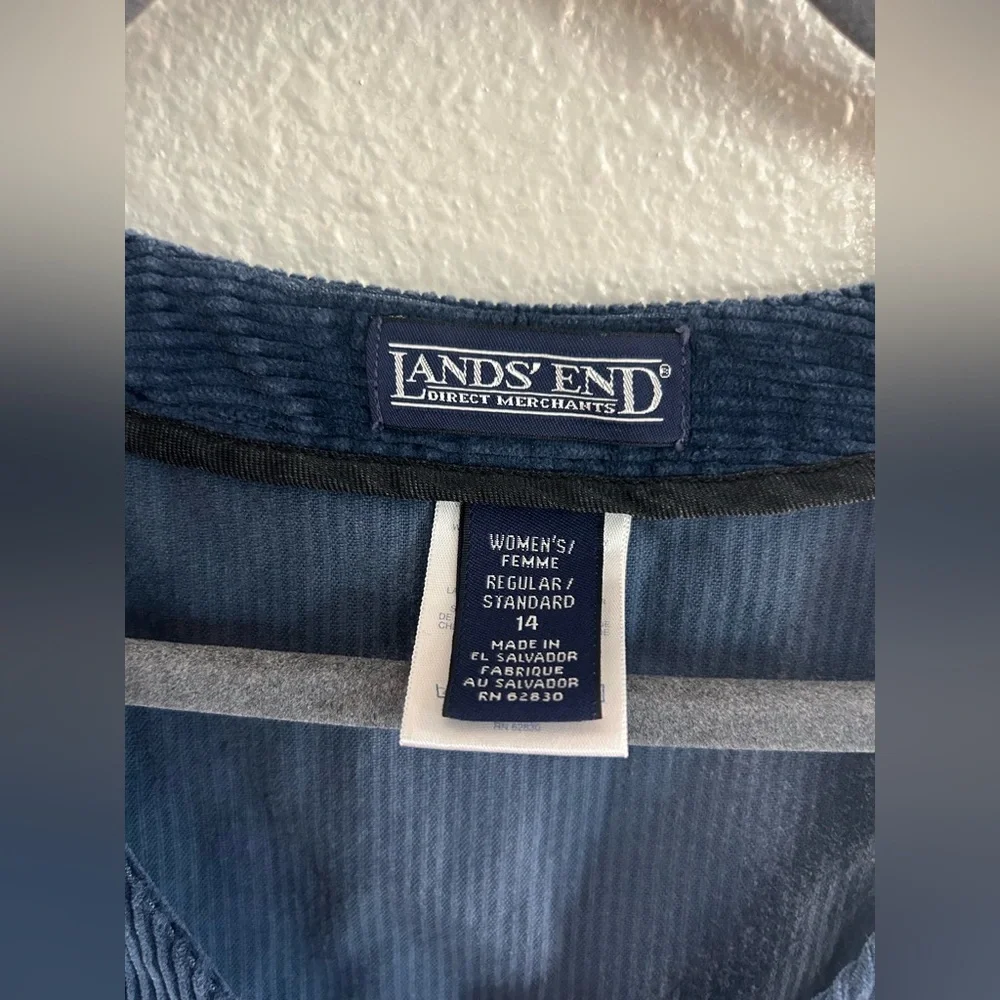 Vintage Lands End Corduroy Navy Blue Button Up Pinafore Dress Womens Size 14